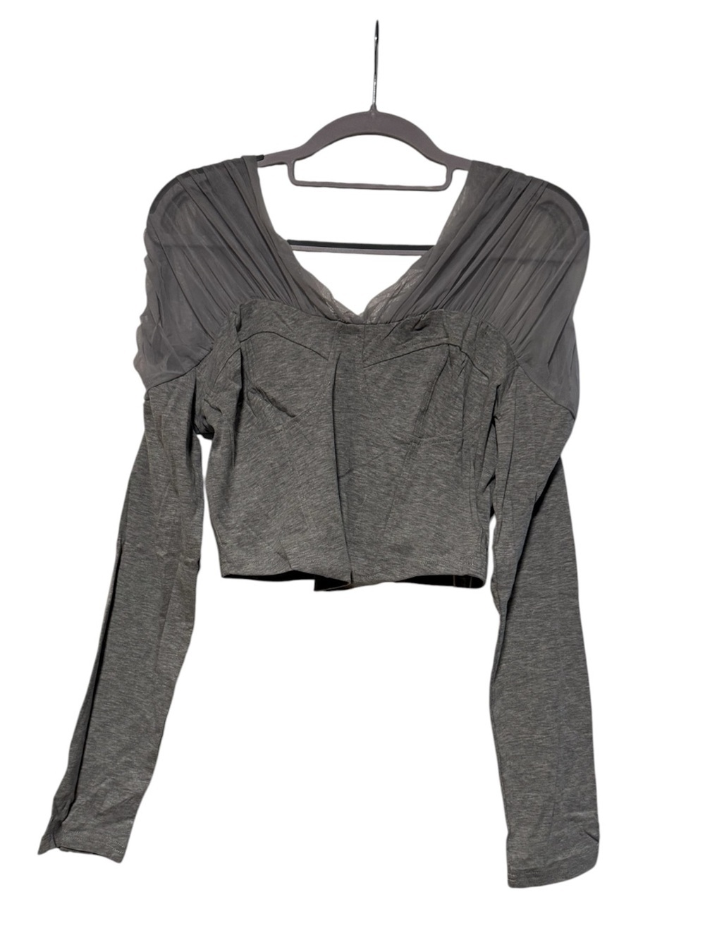 Commense Gray Pleated-Yoke Long Sleeve Cropped Top